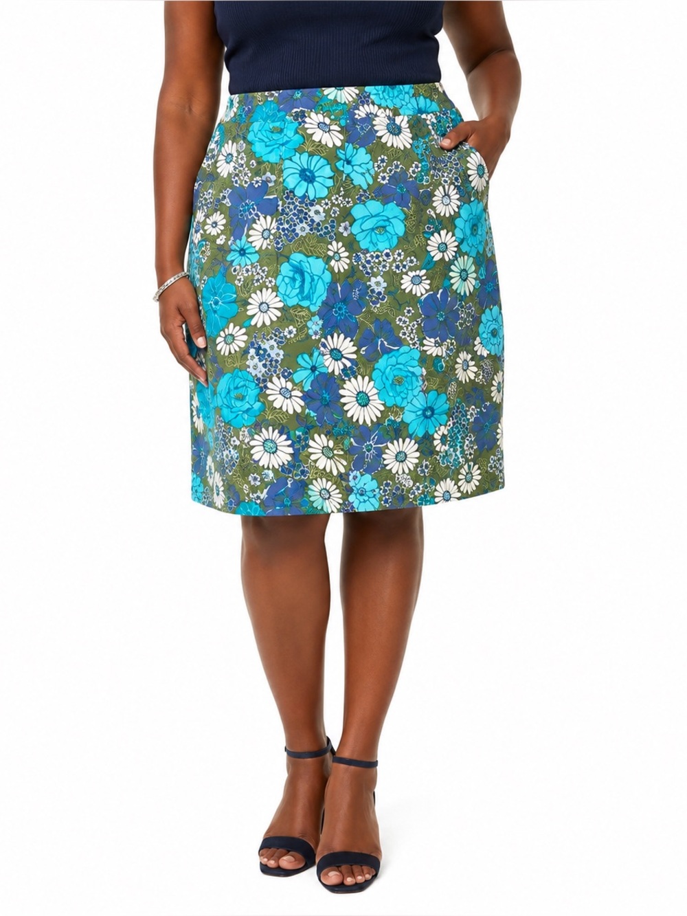 NY Collection Woman Floral Pull On Cotton Stretch Skirt Blue Green 1X